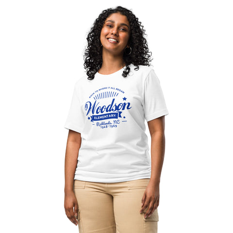 White with Blue Graphic Historic Woodson Elementary School T-Shirt